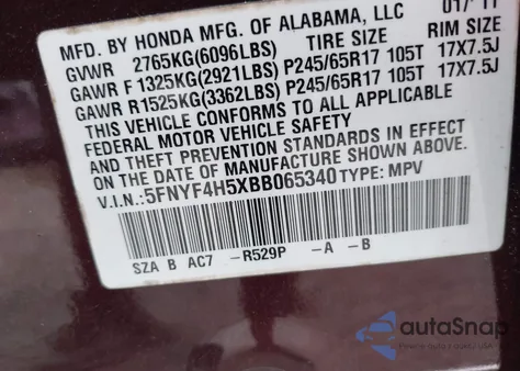 2011 Honda Pilot Ex-L из США, поврежденный, VIN 5FNYF4H5XBB065340